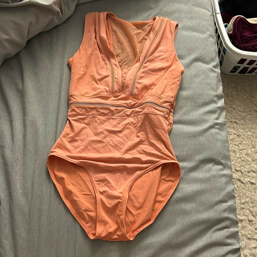 Coral Bloch leotard with mesh in front and back